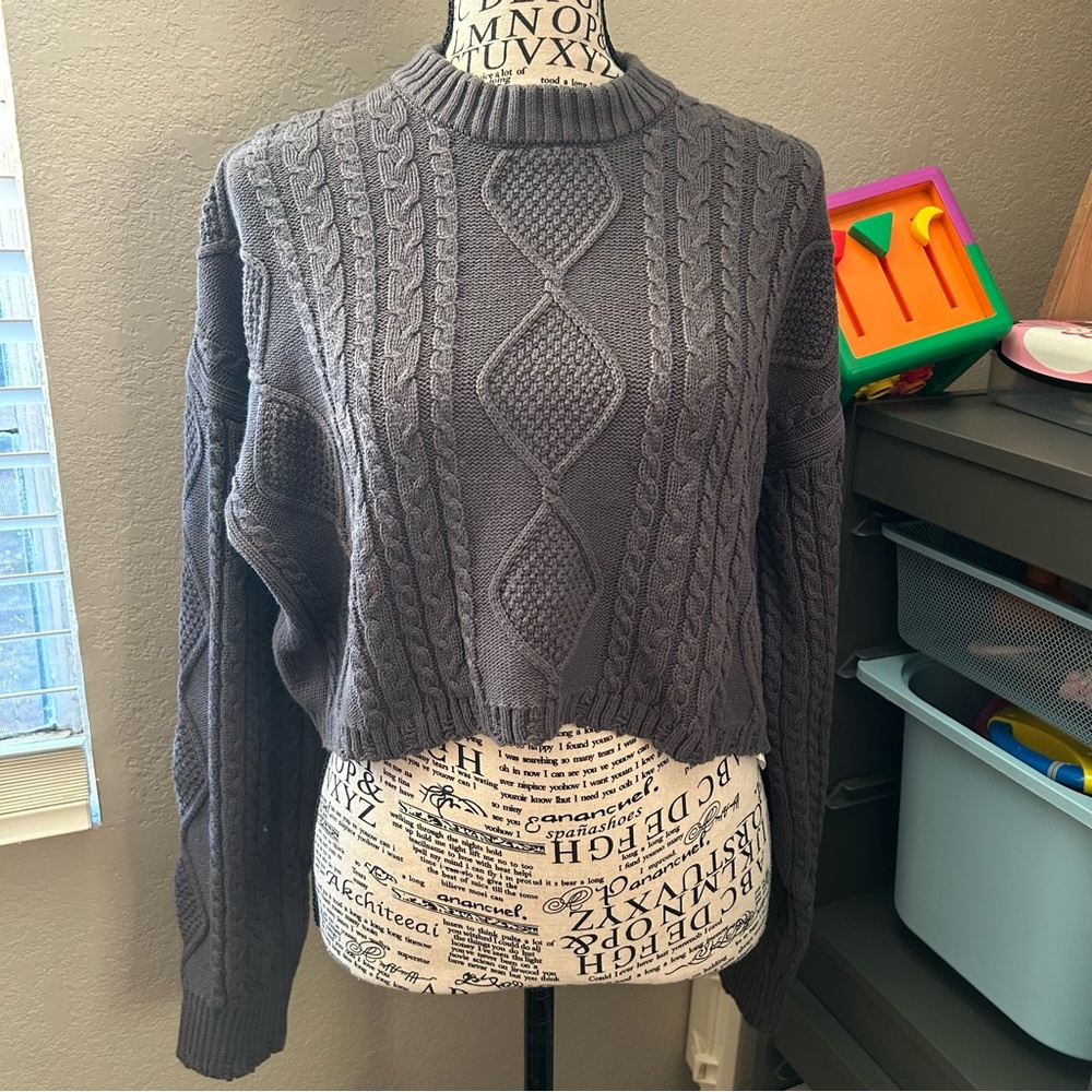 Gray Chunky Cable Knit Mock Neck Cropped Sweater Gilmore Preppy Cotton Fisherman